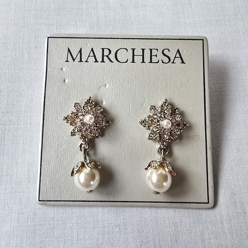 Marchesa▪️Gold Tone Faux Pearl Paved Cubic Zirconia Dangle Drops Earrings